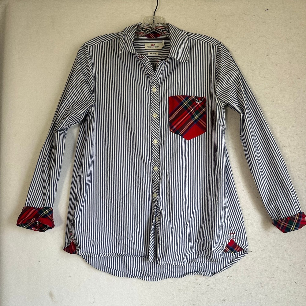 Vineyard Vines Relaxed Stripe Button Down Shirt Blue White Plaid Pocket Women 4